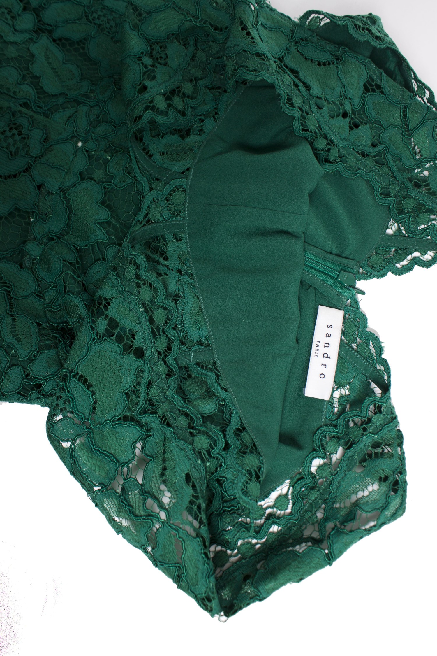 verdediging Catena Vrouw Sandro, Groene Riviera mouwloze kanten jurk. - Unique Designer Pieces