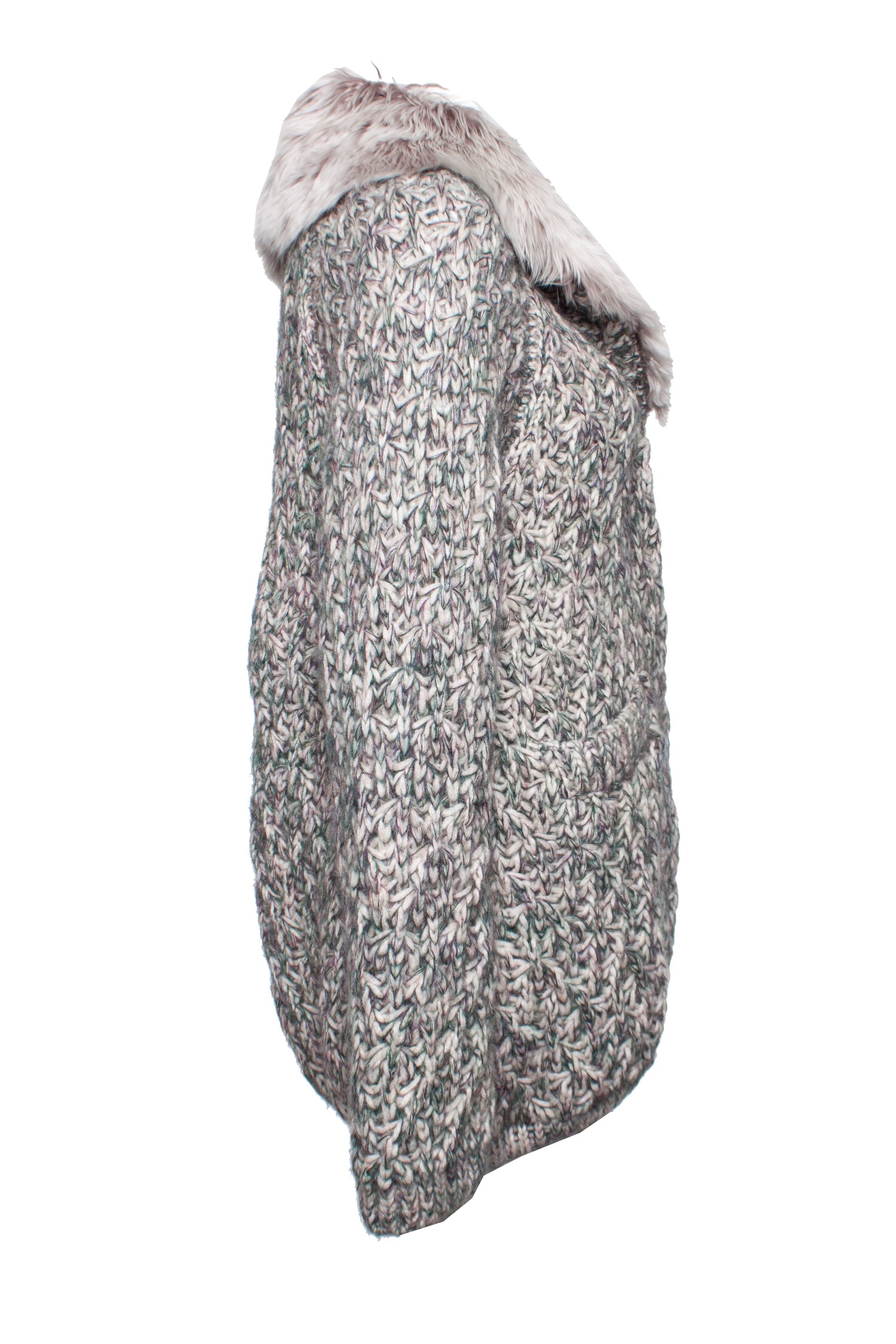 Ermanno Scervino, Grey knitted cardigan with fur collar. - Unique