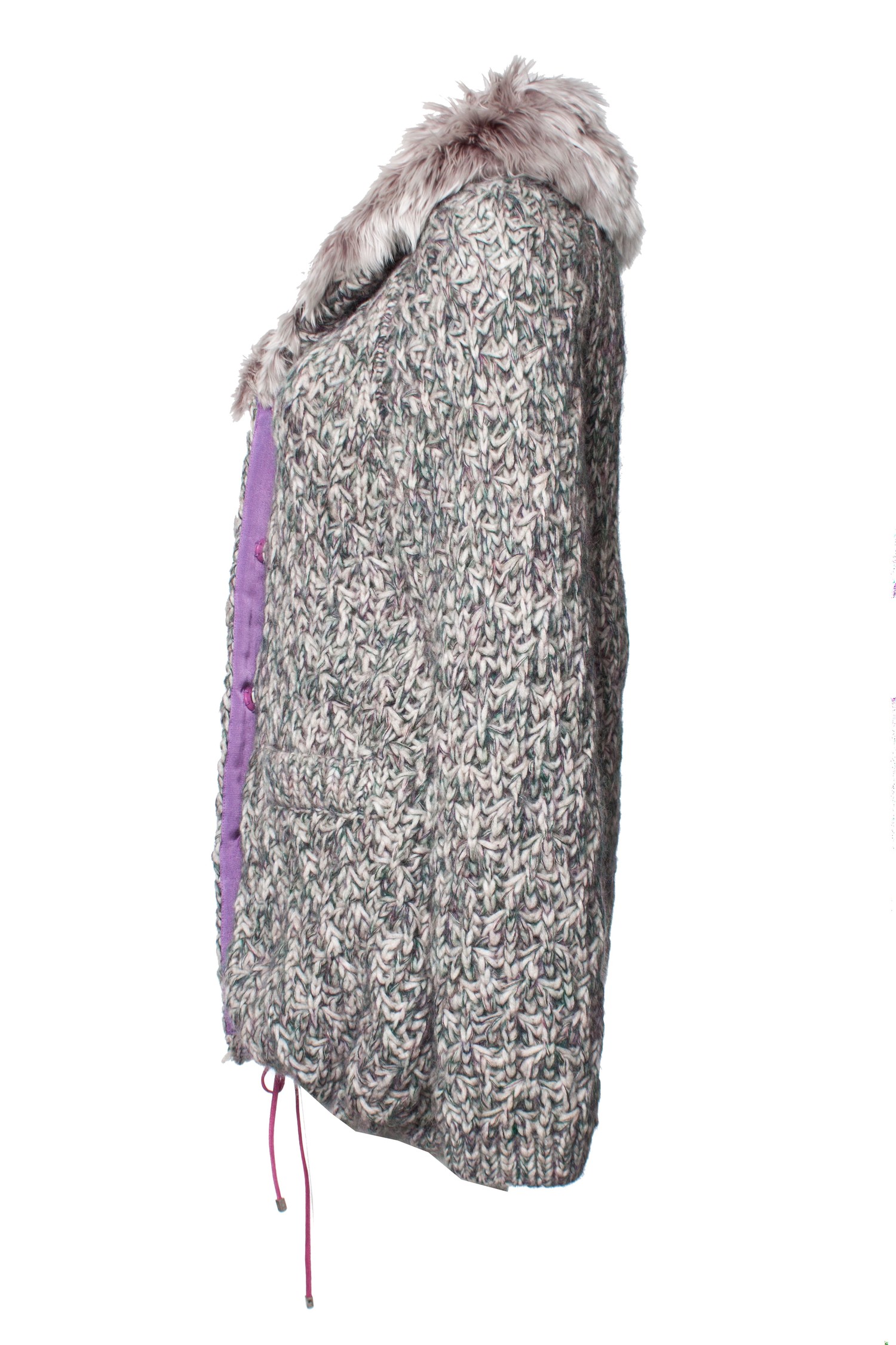 Ermanno Scervino, Grey knitted cardigan with fur collar. - Unique