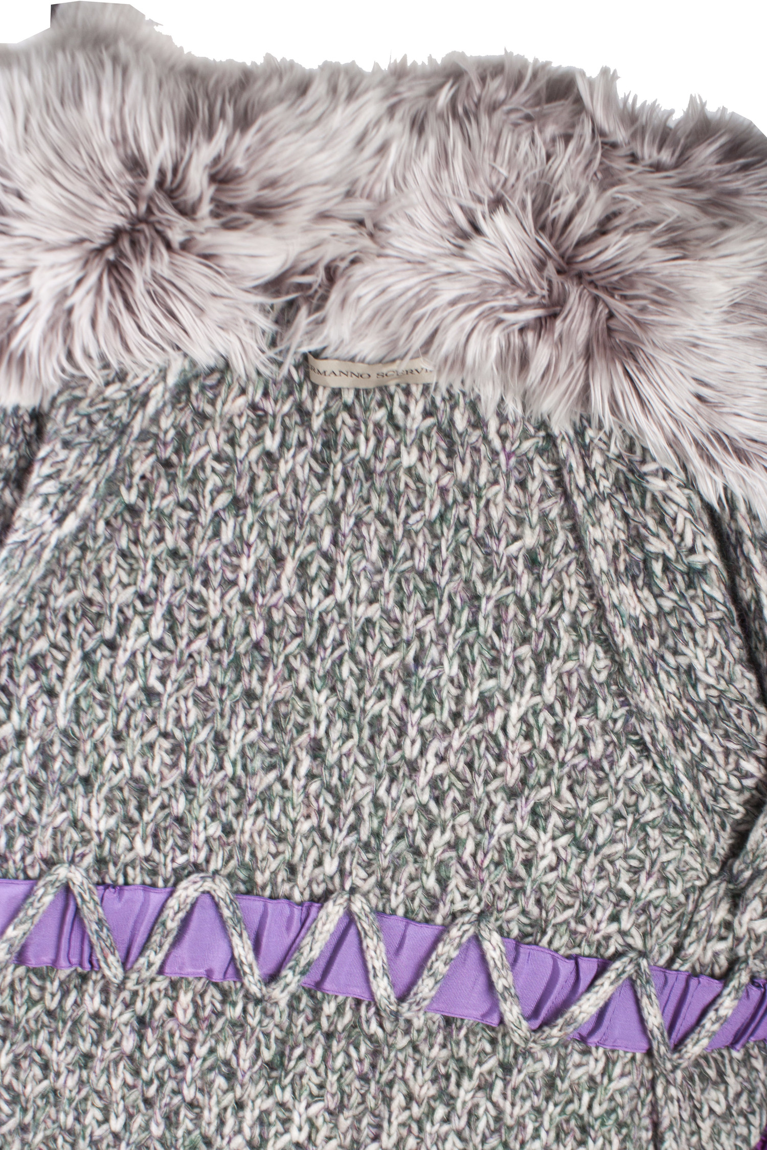Ermanno Scervino, Grey knitted cardigan with fur collar. - Unique