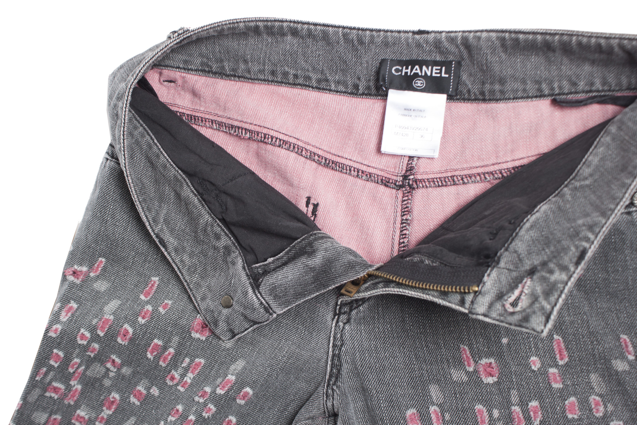 Chanel, Grey washout jeans with pink teared details. - Unique Designer  Pieces