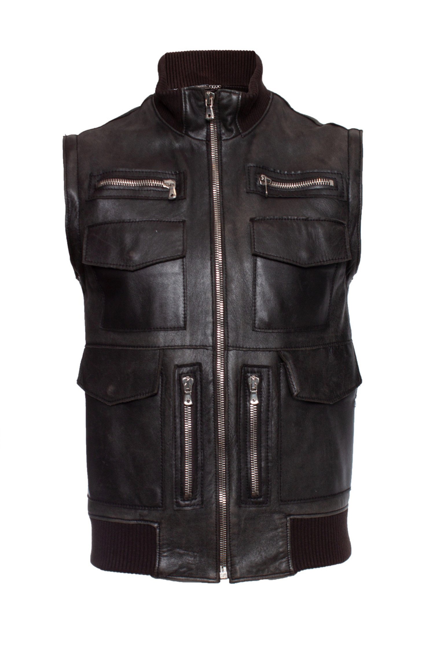 Dolce & Gabbana, Brown leather jacket with detachable sleeves. - Unique  Designer Pieces