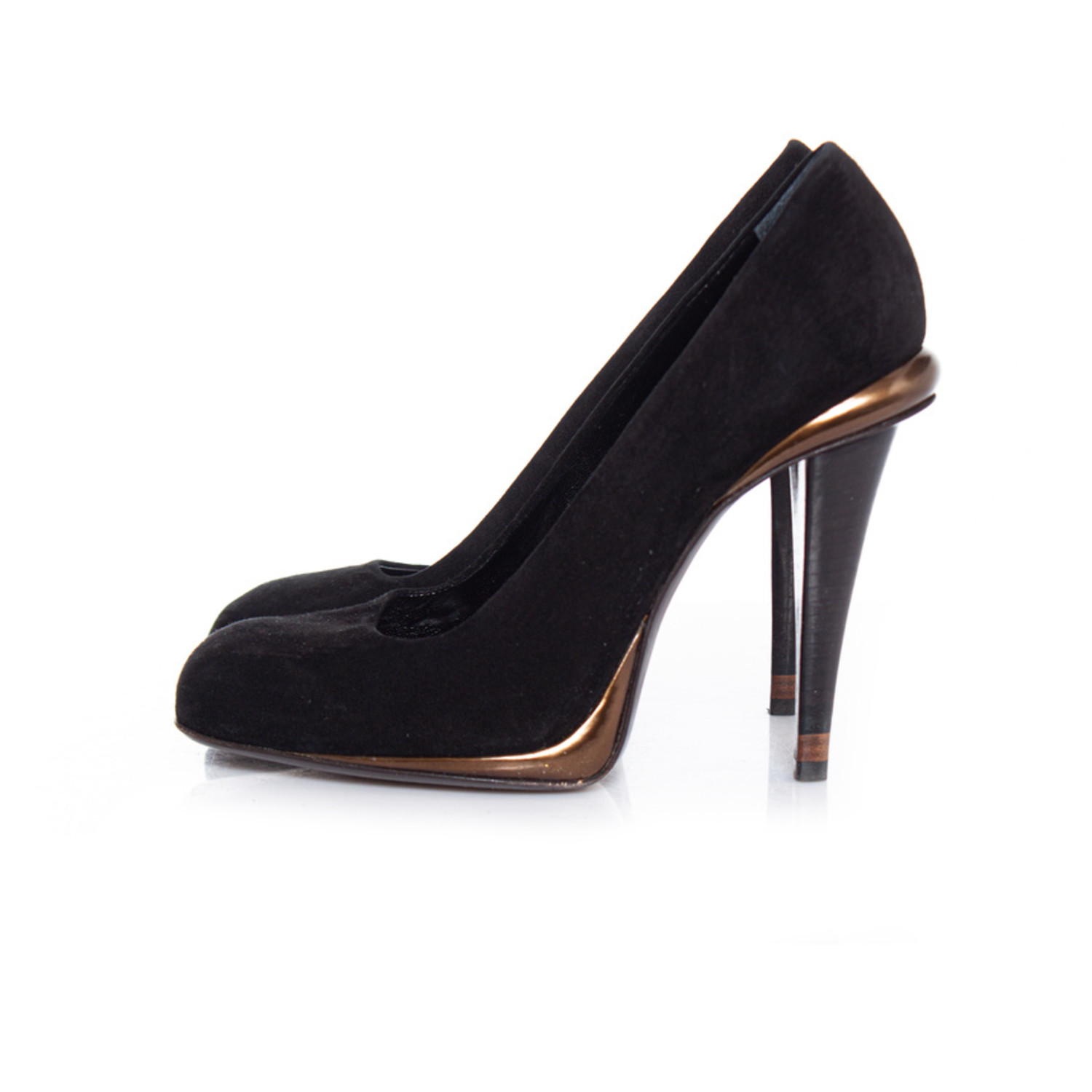 Fendi, zwart suède en bronzen pump. Unique Designer Pieces