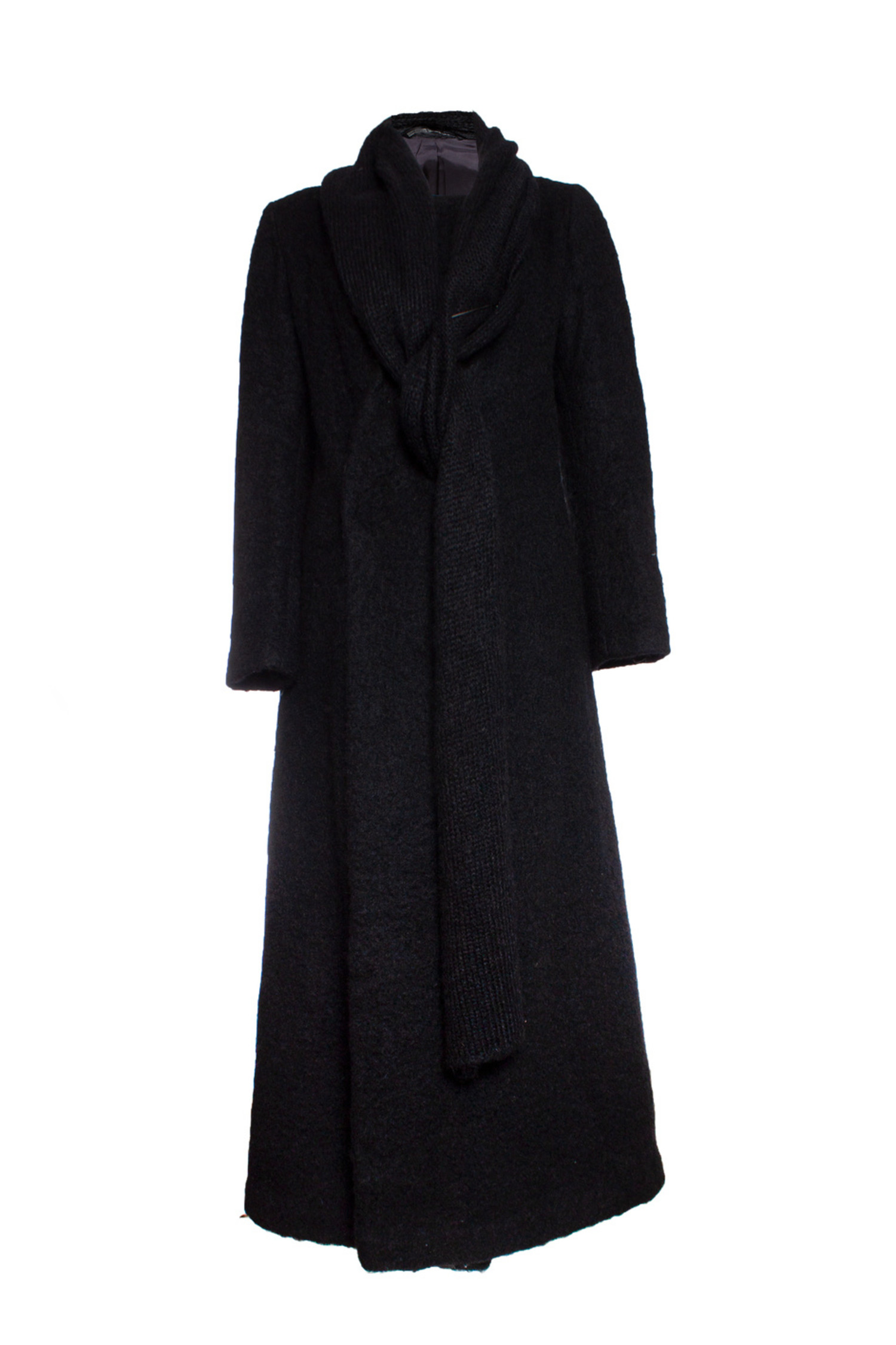 【新品タグ付き】OHOTORO＊Brushed Wool Half Coat Yohji Yamamoto, black wool coat with scarf - Unique Designer