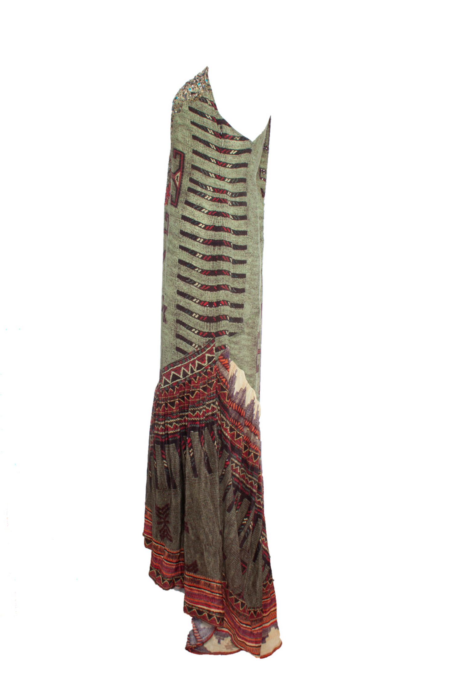 Camilla, Green dress with ethnic print - Unique Designer Pieces