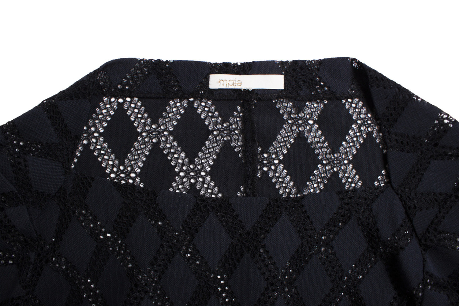 Maje, black open woven top with checkered print. - Unique Designer Pieces
