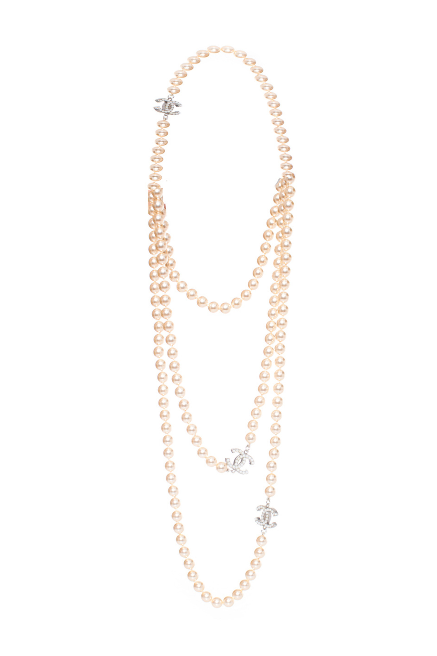 Chanel Cc Long Faux Pearl Necklace