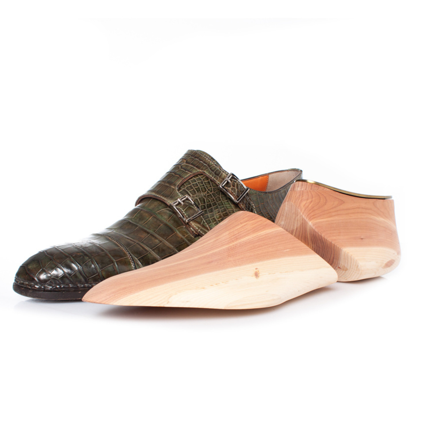 Santoni Olive Green Leather Double Monk Strap Loafers Santoni Men main image 4