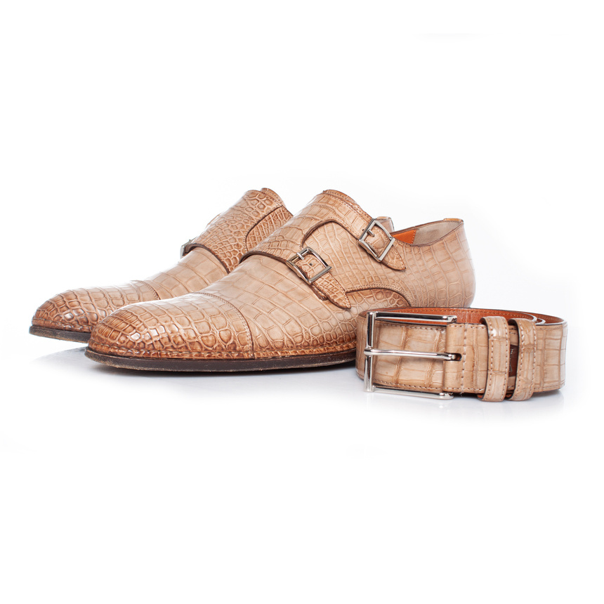 Santoni Double monk strap shoe in brown alligator Unique Designer Pieces