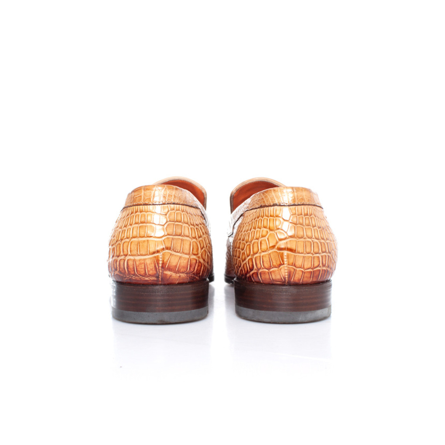 Santoni brown alligator leather penny loafers