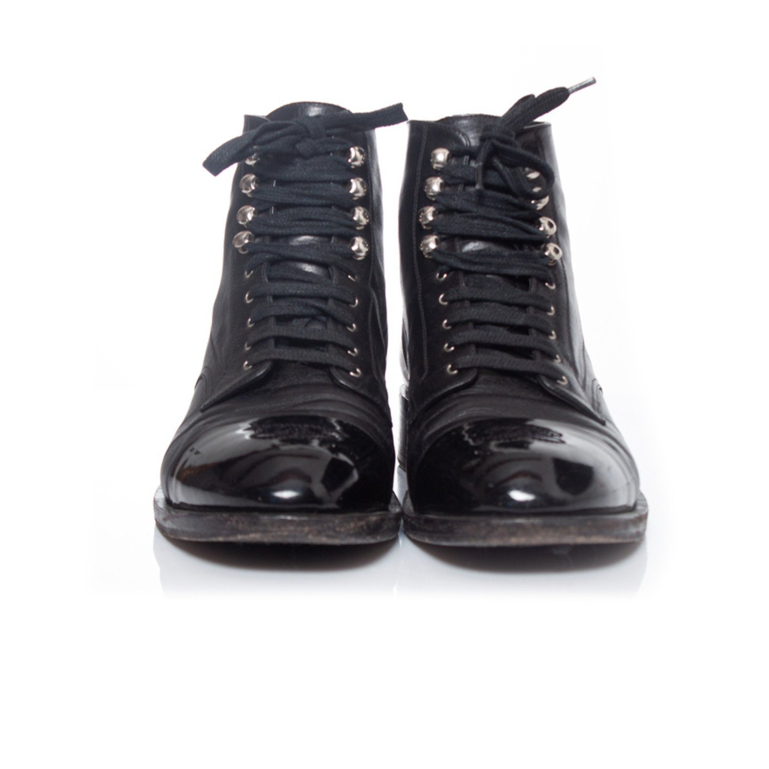 AUTHENTIC CHANEL SHINY Calfskin Quilted Lace Up Combat Boots 38