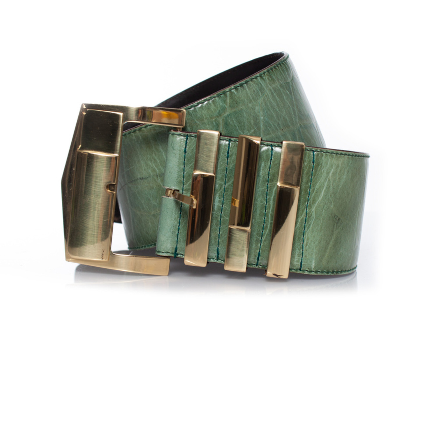Versace Olive Green Leather Belt with Gold Logo Buckle Vintage 00s Versace Belt Lime Green Ostrich Leather by  main image 4
