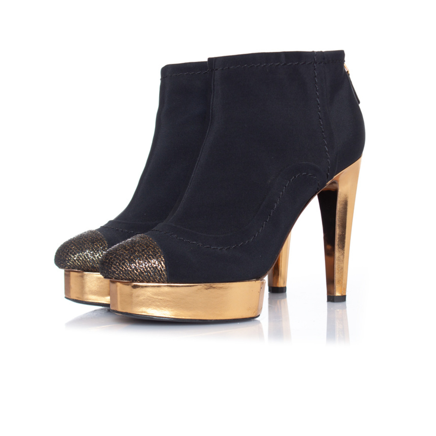 Chanel, Black ankle platform boots with gold heel - Unique