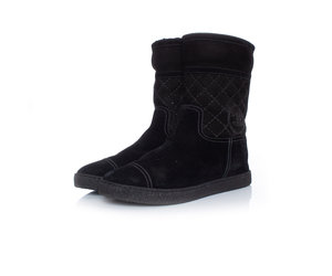 Chanel CC Patent Leather Trimmed Quilted Suede Ankle Boots