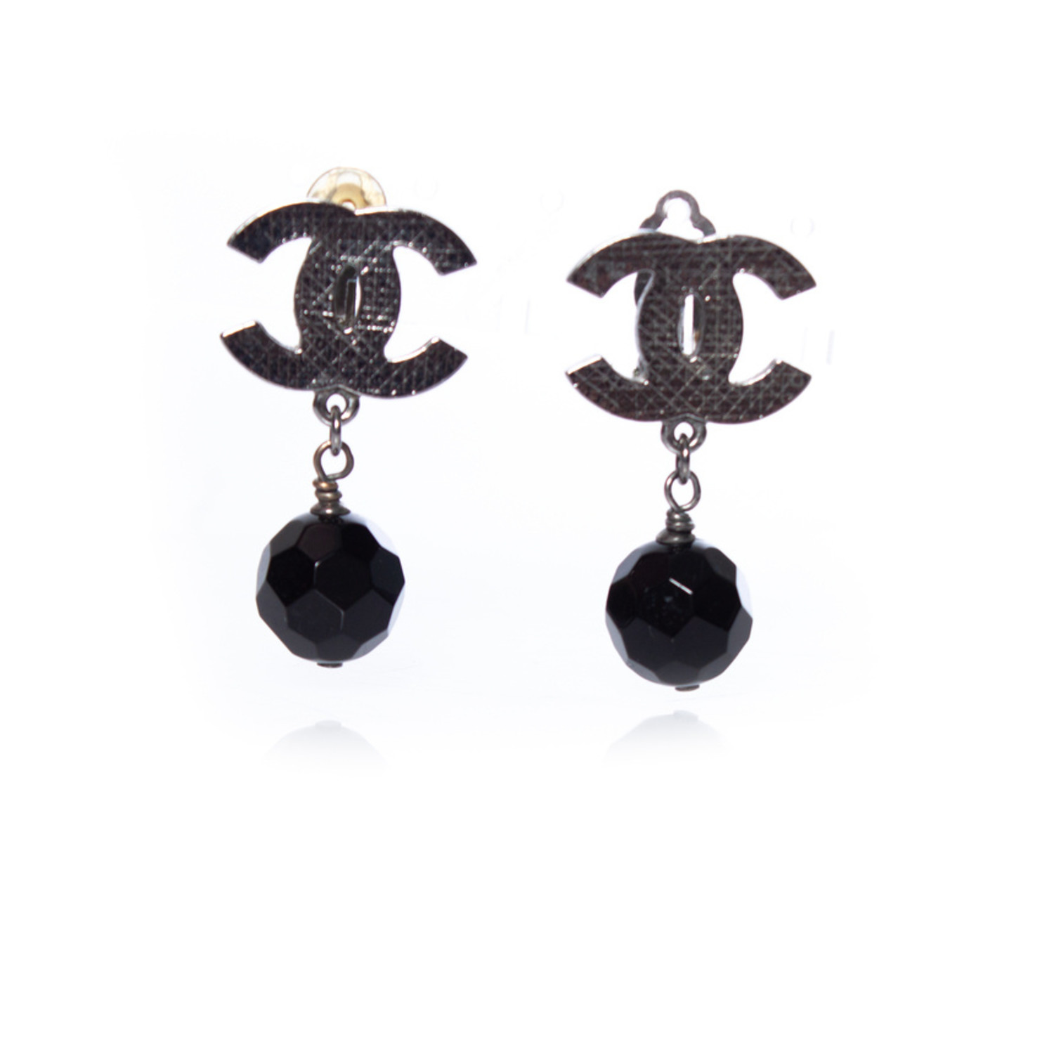 Chanel Black Round Black Crystal Silver CC Drop Earrings
