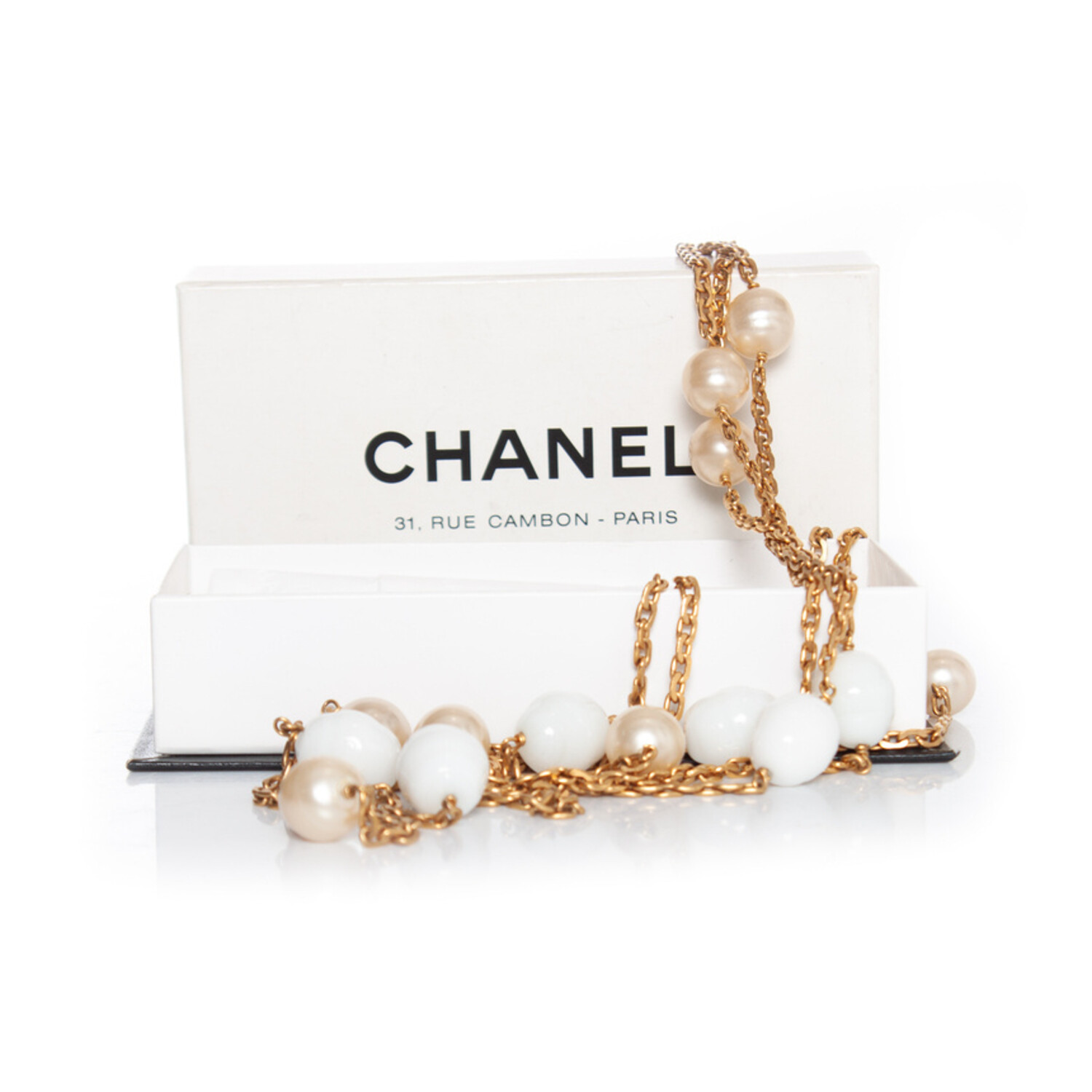 Sold at Auction: CHANEL Faux Pearl Interlocking C Necklace