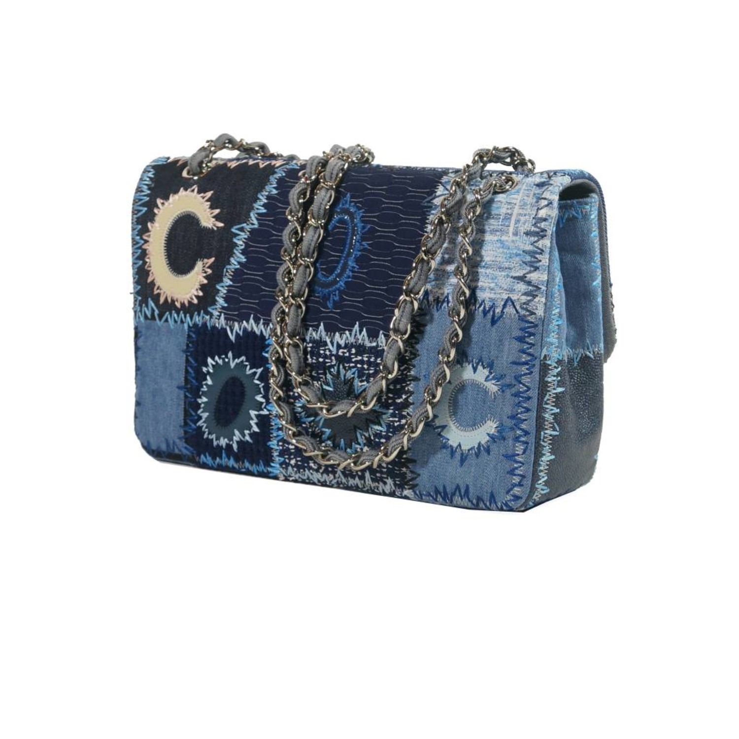 Denim Patchwork Medium Flap Blue