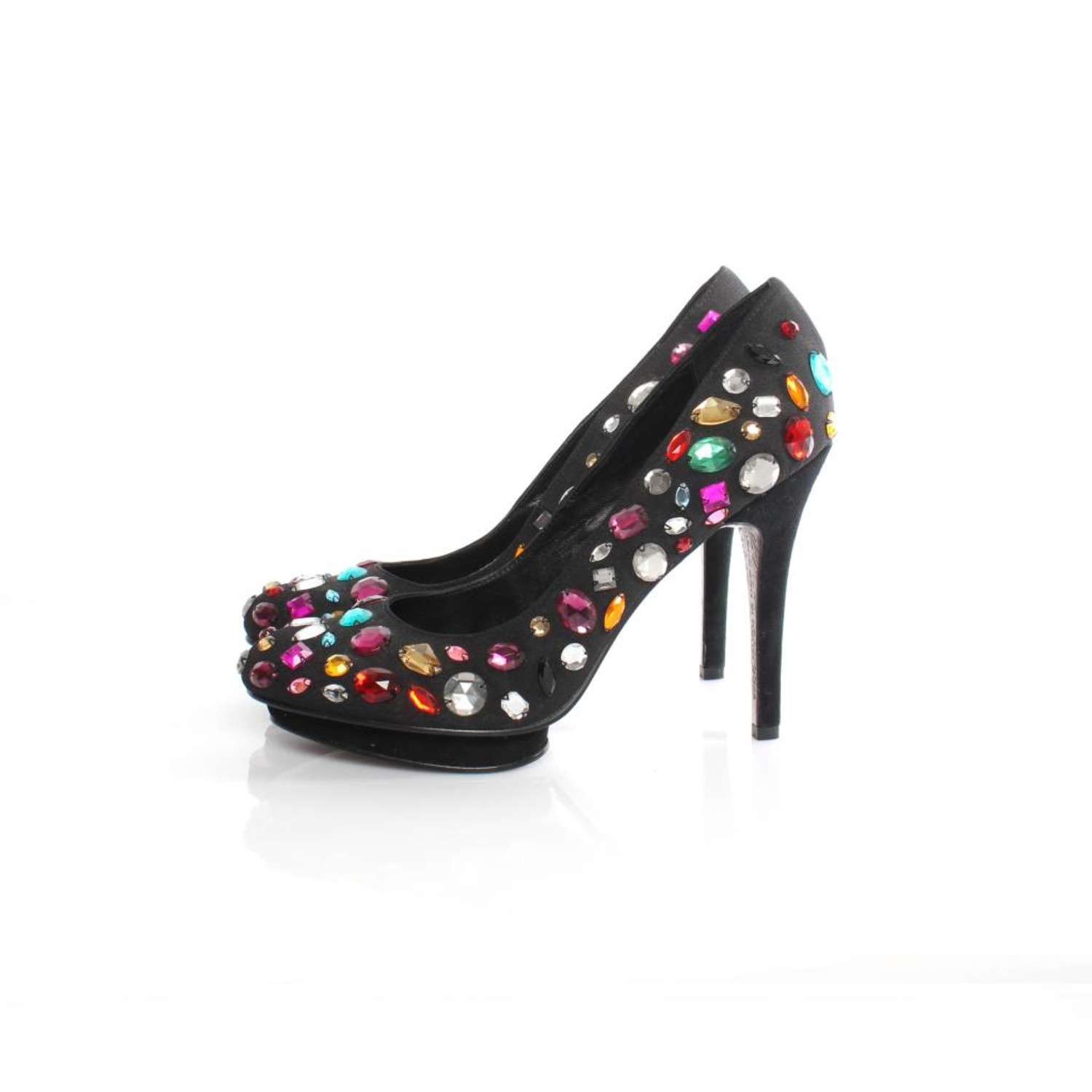 Beverly Feldman satin pump with multi colored stones Unique