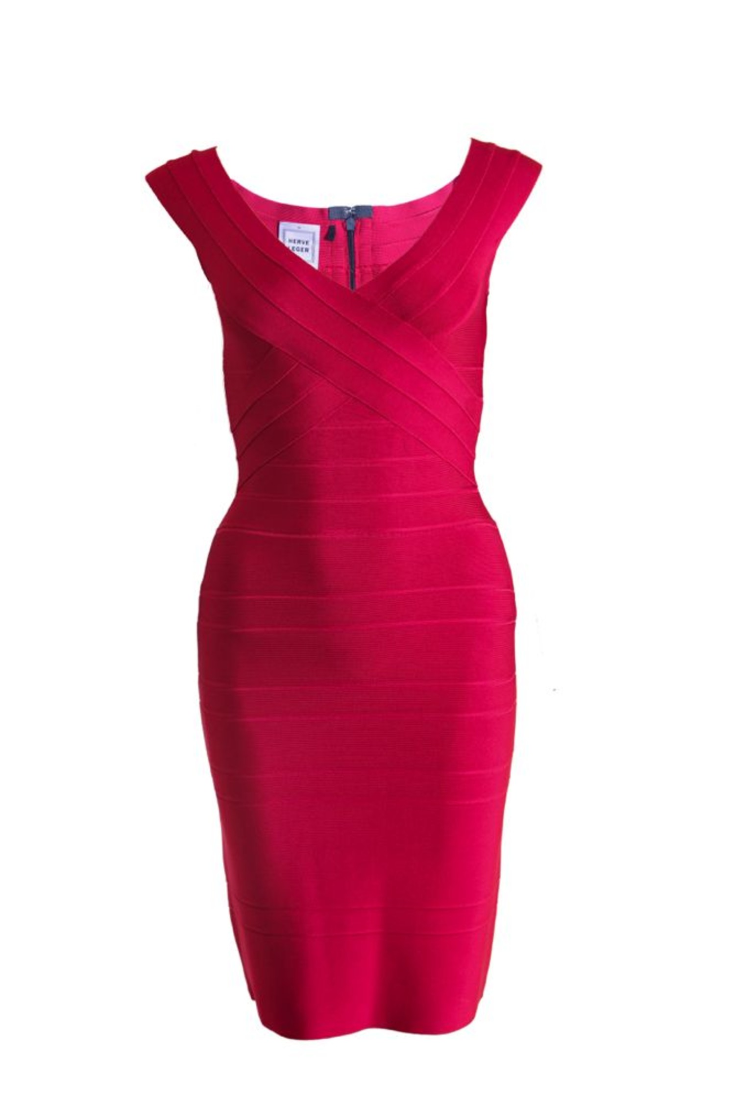 Herve Leger, Rasperry red bodycon dress with black stripe on the