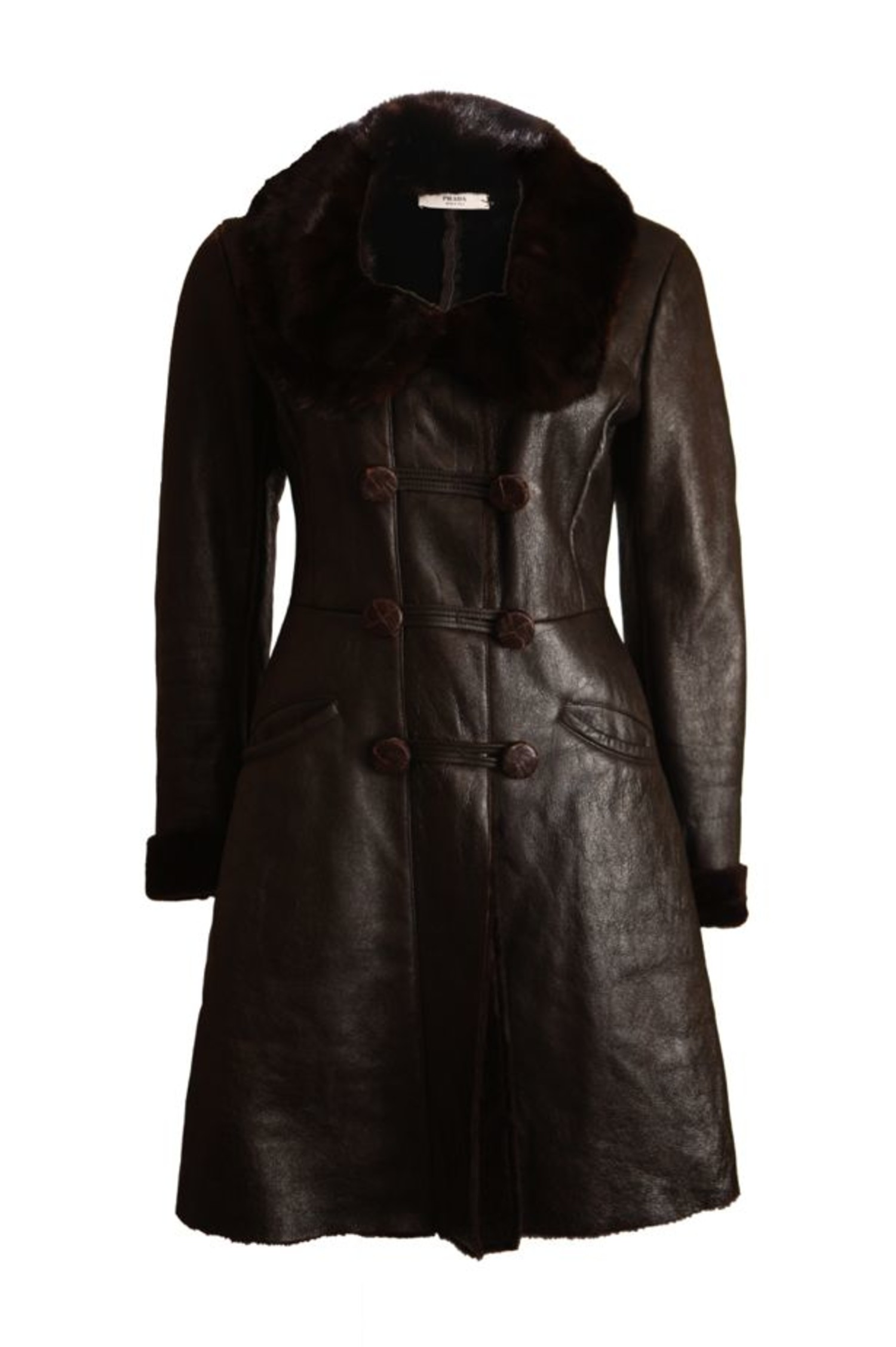 Prada Prada, brown leather coat with dyed sheep fur, mink fur collar ...