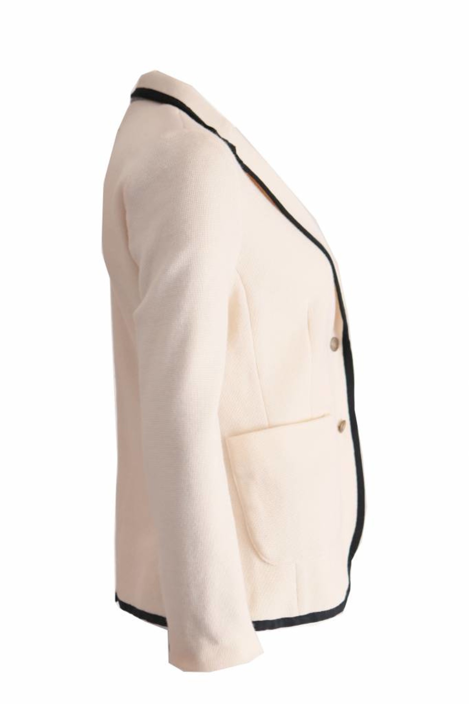 cream colored blazer with black piping 