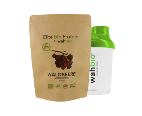 Elite bio Protein by wahbio | Waldbeere | 450 Gr. mit Travel Shaker 300ml