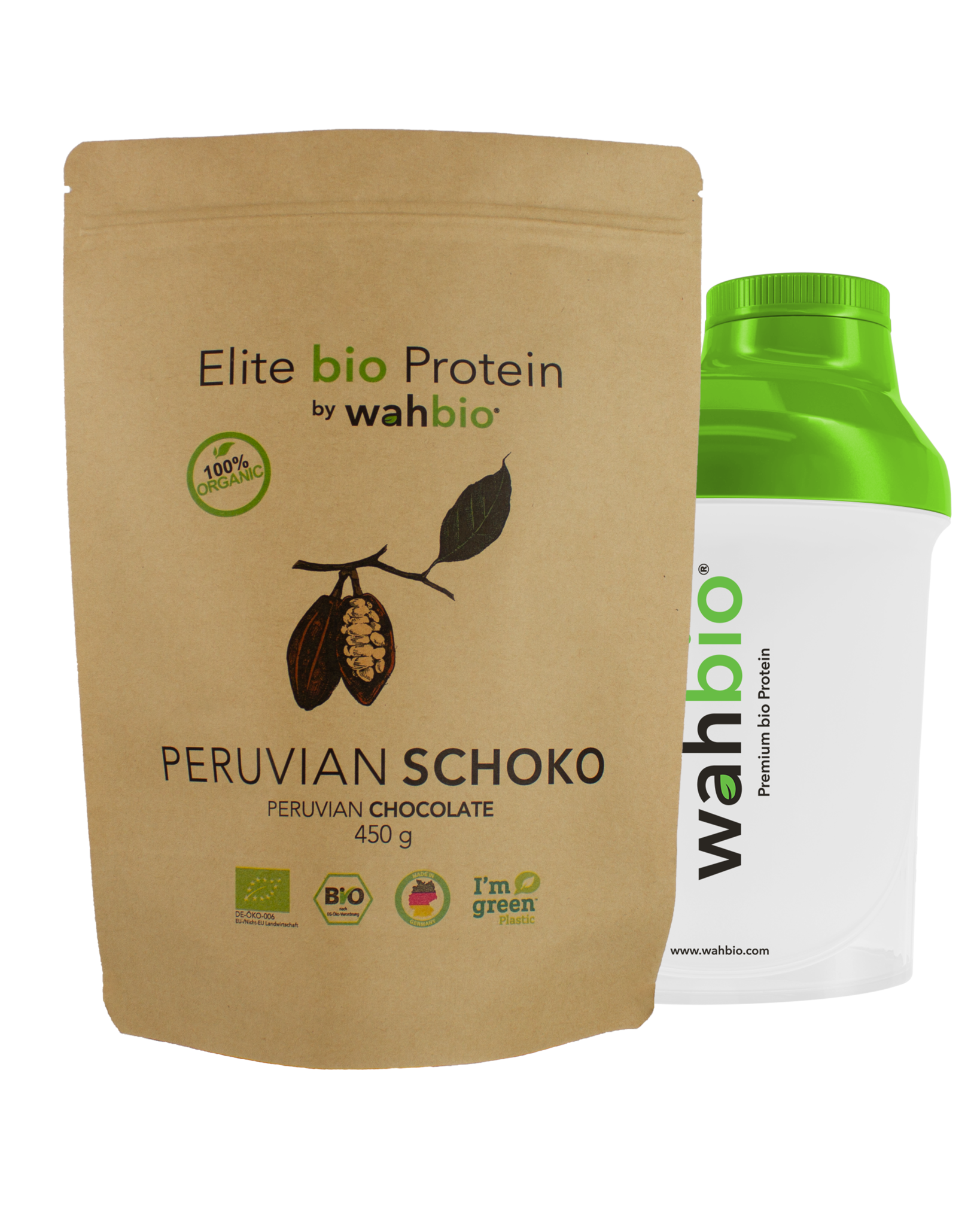 Elite bio Protein by wahbio | Peruvian Schoko | 450 Gr.  mit Travel Shaker 300ml
