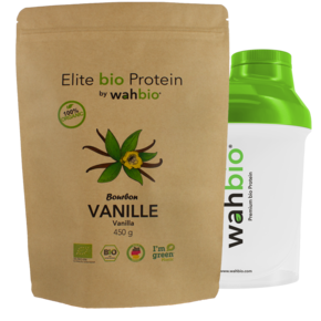 Elite bio Protein od wahbio | Białko Waniliowe | 450 gramów z shakerem podróżnym 300ml
