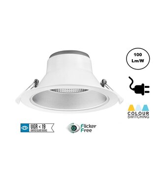 CCT Reflektor LED-Downlighter 15w, 1275-1500 Lumen, Lochgröße Ø145mm, UGR19, Steckerfertig, 3 Jahre Garantie