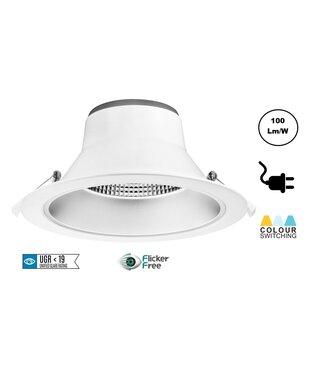 CCT Reflektor LED Downlighter 28w, 2380-2800 Lumen, Lochgröße Ø195mm, UGR19, Steckerfertig, 3 Jahre Garantie