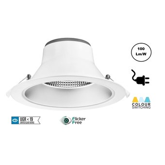 CCT Reflector Led Downlighter 28w, 2380-2800 Lumen, gatmaat Ø195mm, UGR19, Stekkerklaar, 3 Jaar Garantie