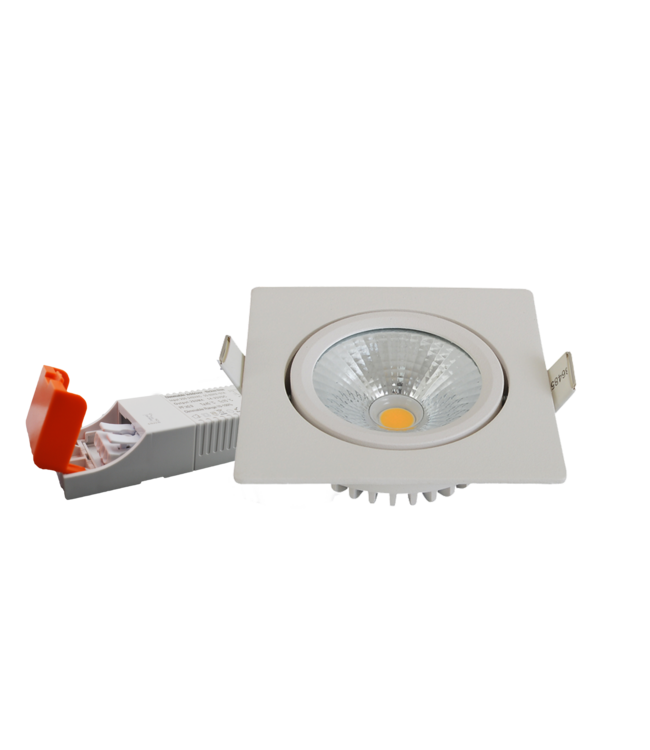 Inbouw LED Spot 5w Flat Vierkant, 450 Lumen, 2700K, Kantelbaar, IP44, Dimbaar, CRI90, Wit Armatuur, Gatmaat 75mm, 2 Jaar Garantie