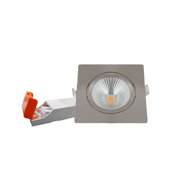Inbouw LED Spot 5w Flat Vierkant, 450 Lumen, 2700K, Kantelbaar, IP44, Dimbaar, CRI90, Staal Armatuur, Gatmaat 75mm, 2 Jaar Garantie