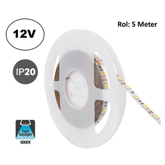 Led Strip ROL 5 Meter 5050SMD, 12,6w/m, 60 led/m, 1200Lm/m, 6000K Daglicht wit, 12v, IP20, 10mm, 2 Jaar garantie