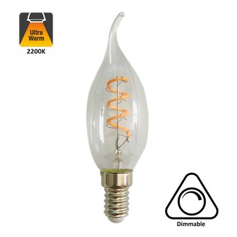 E14 Filament Kaarslamp met Tip 4w, V Spiraal, 180 Lumen, Dimbaar, 2 jaar garantie