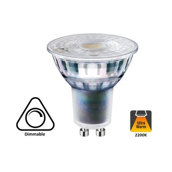 GU10 5,5w, 380 Lumen, 2200K Flame, Glas, Dimbaar 2 Jaar Garantie