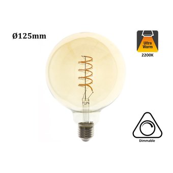 E27 Led Lamp 4w Edison, Globe 125, 2200K Flame, 180 Lumen, Dimbaar, Amber Glas, 2 Jaar Garantie