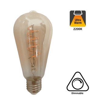 E27 Led Lamp 6,5w Edison, ST64, 2200K Flame, 325 Lumen, Dimbaar, Amber Glas, 2 Jaar Garantie