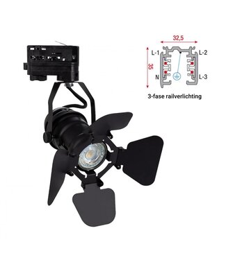 3 Fase Rail armatuur SpotLight met GU10 Fitting, Zwartkleurige behuizing