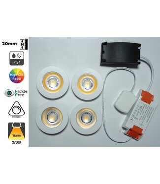 Inbouw LED Spot 4x3w CAB, 4x270 Lumen, 2700K, IP54, Dimbaar, CRI90, Wit Armatuur, Gatmaat 55mm, 2 Jaar Garantie