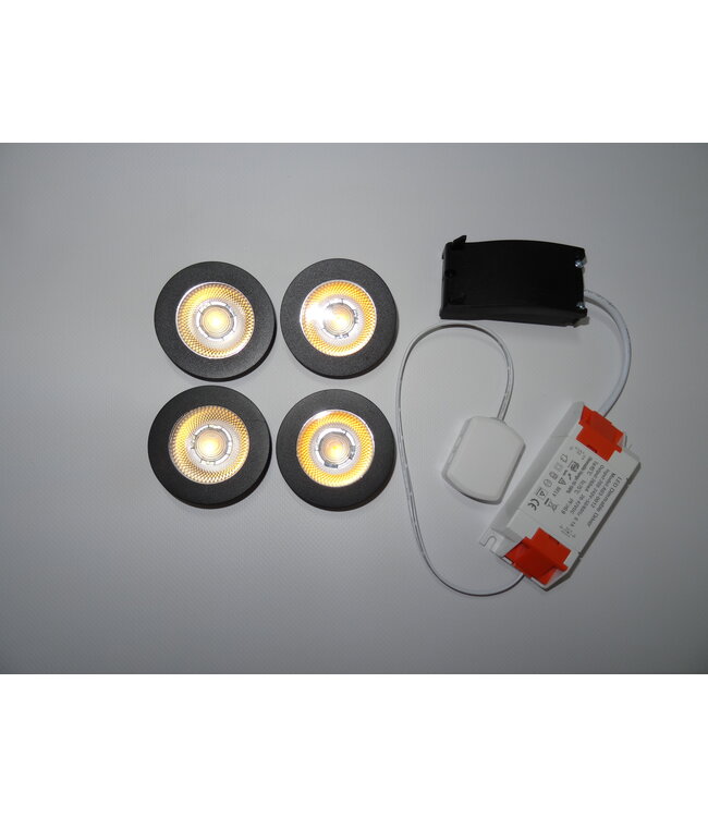 Inbouw LED Spot 4x3w CAB, 4x270 Lumen, 2700K, IP54, Dimbaar, CRI90, Zwart Armatuur, Gatmaat 55mm, 2 Jaar Garantie