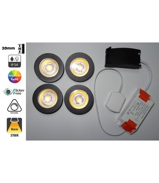 LED-Einbaustrahler 4x3w CAB, 4x270 Lumen, 2700K, IP54, dimmbar, CRI90, schwarze Leuchte, Lochgröße 55mm, 2 Jahre Garantie