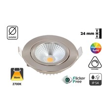 LED-Einbaustrahler 5w Flat, 450 Lumen, 2700K, schwenkbar, IP44, dimmbar, CRI90, Stahlhalterung, Lochgröße 72mm, 2 Jahre Garantie