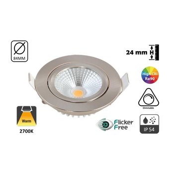 Inbouw LED Spot 5w Flat, 450 Lumen, 2700K, Kantelbaar, IP44, Dimbaar, CRI90, Staal Armatuur, Gatmaat 72mm, 2 Jaar Garantie