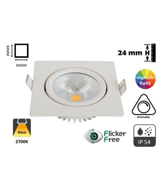 LED-Einbaustrahler 5w Flat Quadrat, 450 Lumen, 2700K, schwenkbar, IP44, dimmbar, CRI90, weiße Leuchte, Lochgröße 75mm, 2 Jahre Garantie