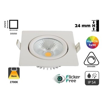 Inbouw LED Spot 5w Flat Vierkant, 450 Lumen, 2700K, Kantelbaar, IP44, Dimbaar, CRI90, Wit Armatuur, Gatmaat 75mm, 2 Jaar Garantie