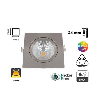 LED-Einbaustrahler 5w Flat Quadrat, 450 Lumen, 2700K, schwenkbar, IP44, dimmbar, CRI90, Stahlhalterung, Lochgröße 75mm, 2 Jahre Garantie