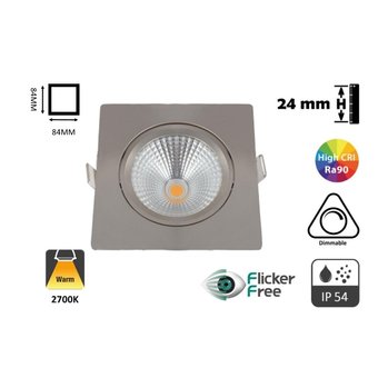 Inbouw LED Spot 5w Flat Vierkant, 450 Lumen, 2700K, Kantelbaar, IP44, Dimbaar, CRI90, Staal Armatuur, Gatmaat 75mm, 2 Jaar Garantie