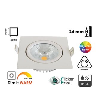 Inbouw LED Spot 5w Flat Vierkant, 450 Lumen, Dim To Warm, Kantelbaar, IP54, Dimbaar, CRI90, Wit Armatuur, Gatmaat 75mm, 2 Jaar Garantie