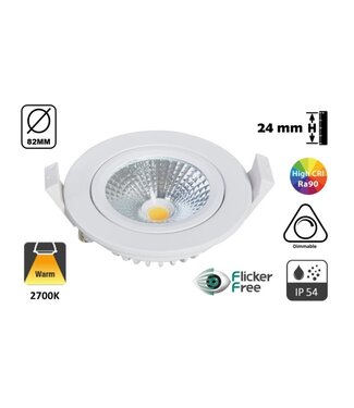 Inbouw LED Spot 5w Flat, 450 Lumen, 2700K, Kantelbaar, IP44, Dimbaar, CRI90, Wit Armatuur, Gatmaat 72mm, 2 Jaar Garantie